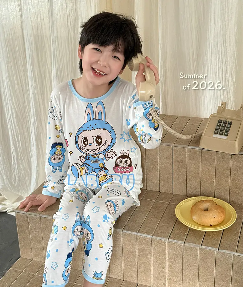 Bamboo Fiber Children's Pajamas for Boys and Girls, Long-Sleeved Home Wear Set, Summer Thin Style, Class A, for Older Children, Air-Conditioned Clothing — feature 29