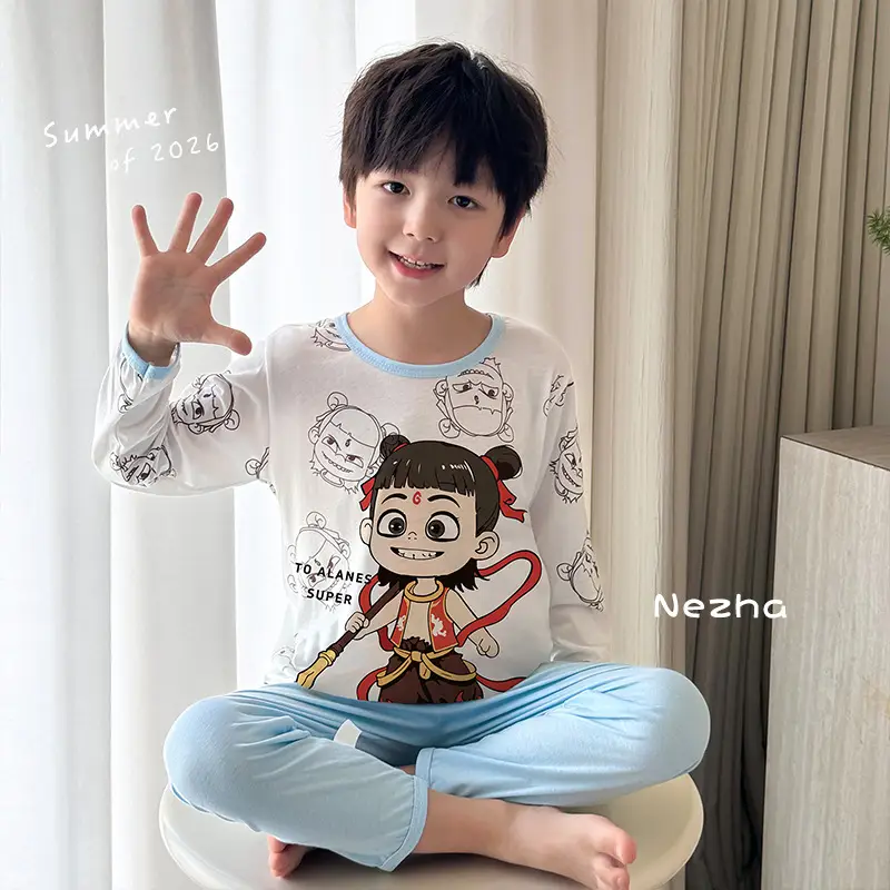 Bamboo Fiber Children's Pajamas for Boys and Girls, Long-Sleeved Home Wear Set, Summer Thin Style, Class A, for Older Children, Air-Conditioned Clothing