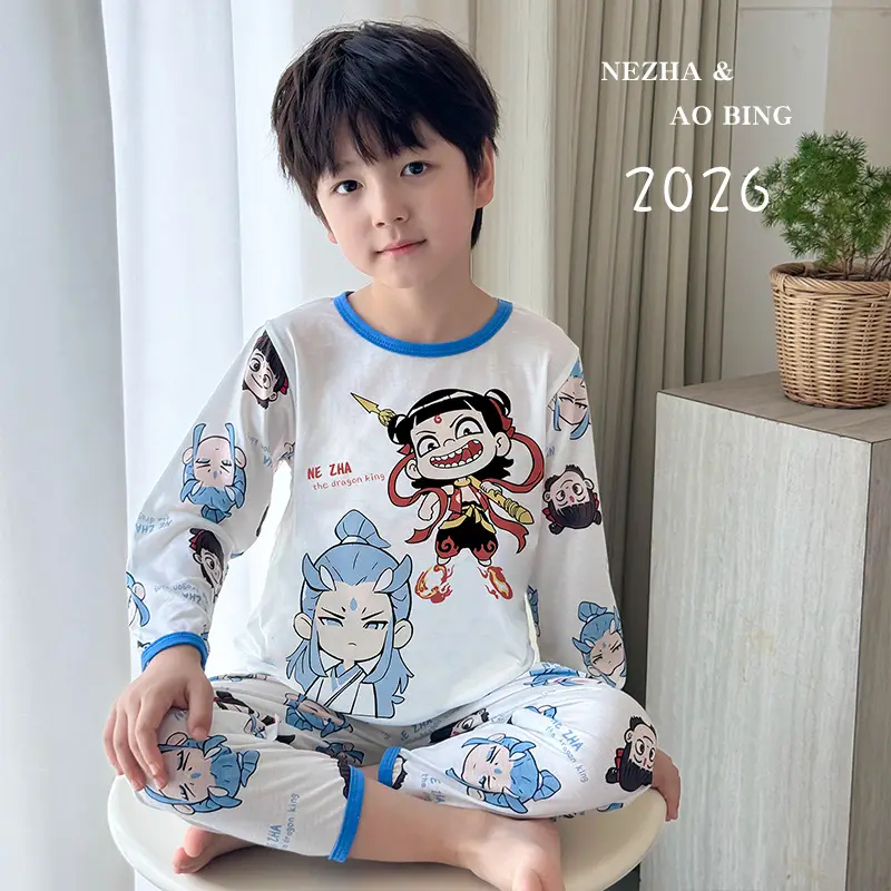Bamboo Fiber Children's Pajamas for Boys and Girls, Long-Sleeved Home Wear Set, Summer Thin Style, Class A, for Older Children, Air-Conditioned Clothing