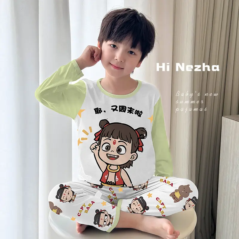 Bamboo Fiber Children's Pajamas for Boys and Girls, Long-Sleeved Home Wear Set, Summer Thin Style, Class A, for Older Children, Air-Conditioned Clothing