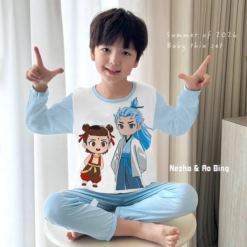 Bamboo Fiber Children's Pajamas for Boys and Girls, Long-Sleeved Home Wear Set, Summer Thin Style, Class A, for Older Children, Air-Conditioned Clothing