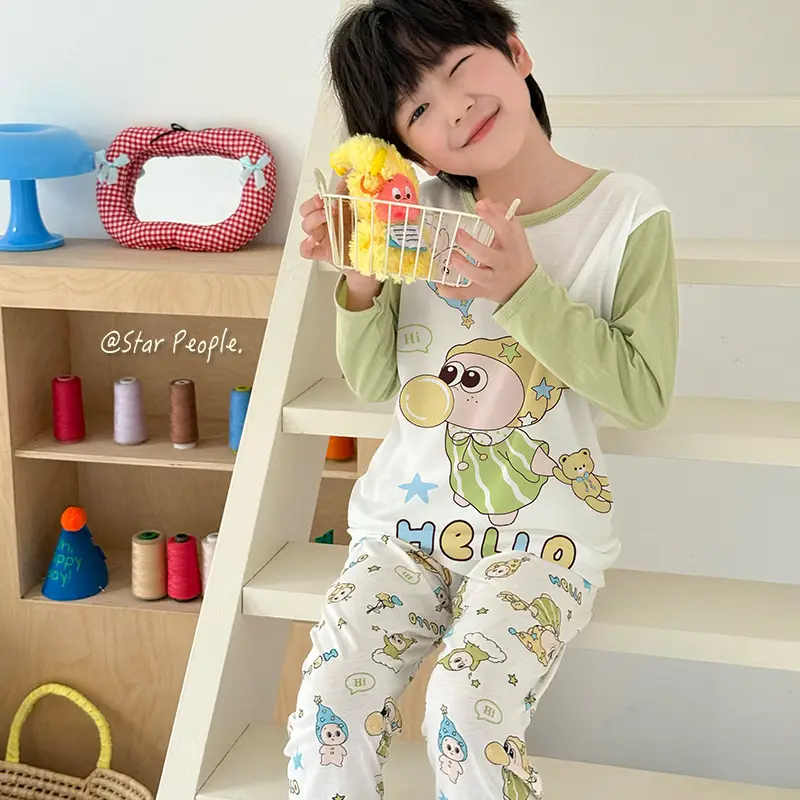 Bamboo Fiber Children's Pajamas for Boys and Girls, Long-Sleeved Home Wear Set, Summer Thin Style, Class A, for Older Children, Air-Conditioned Clothing