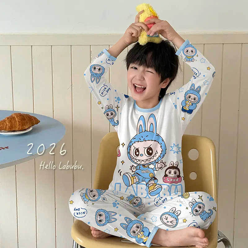 Bamboo Fiber Children's Pajamas for Boys and Girls, Long-Sleeved Home Wear Set, Summer Thin Style, Class A, for Older Children, Air-Conditioned Clothing
