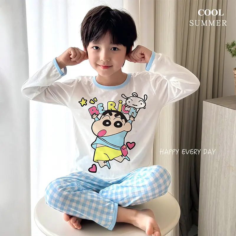 Bamboo Fiber Children's Pajamas for Boys and Girls, Long-Sleeved Home Wear Set, Summer Thin Style, Class A, for Older Children, Air-Conditioned Clothing