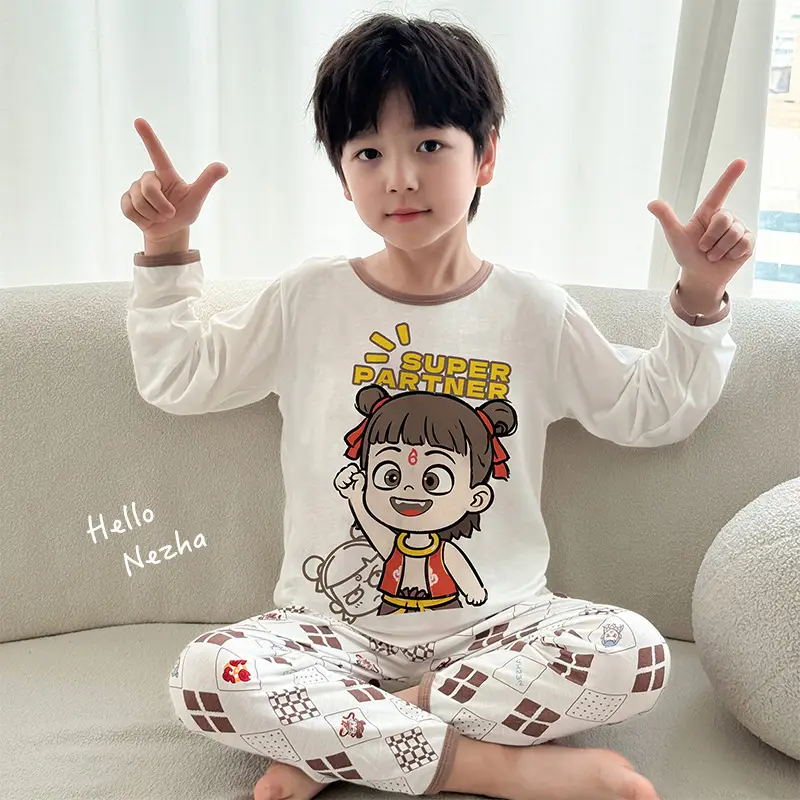 Bamboo Fiber Children's Pajamas for Boys and Girls, Long-Sleeved Home Wear Set, Summer Thin Style, Class A, for Older Children, Air-Conditioned Clothing