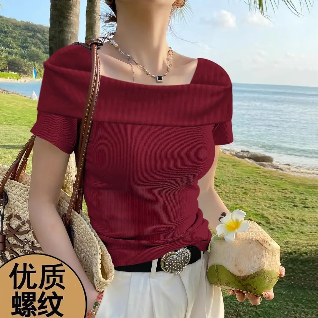 Off-The-Shoulder Short-Sleeve Women's T-Shirt That Reveals Collarbones, Summer 2026 New Style, Elegant Mature Style, Slim Fit Ribbed Short Top — feature 15