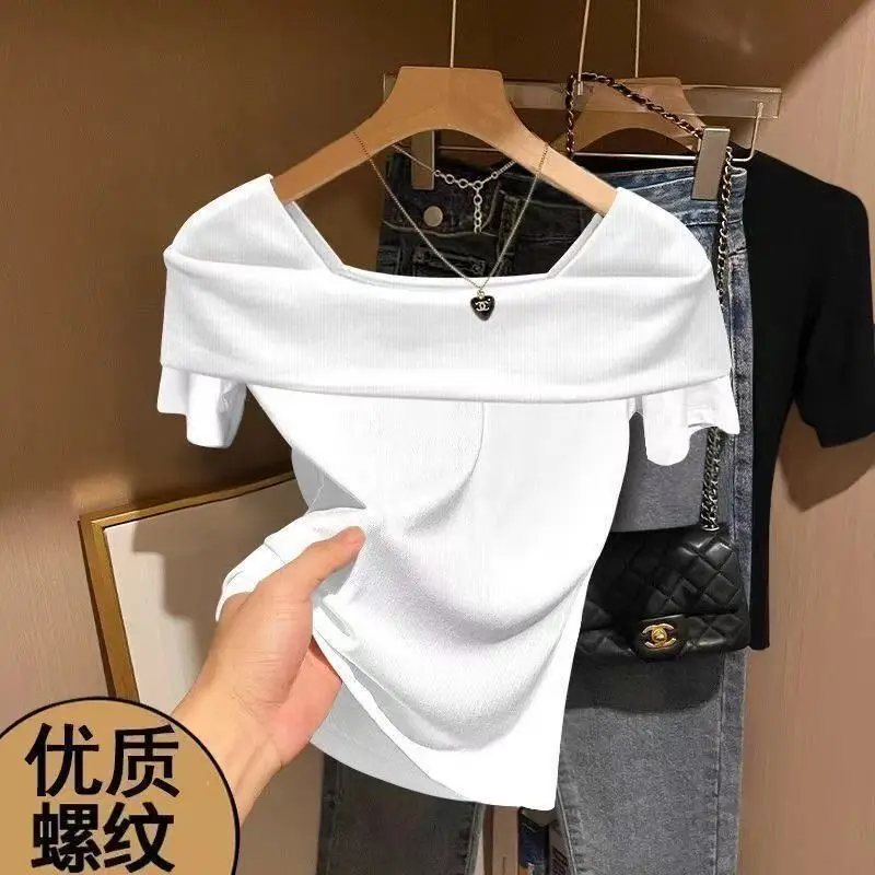 Off-The-Shoulder Short-Sleeve Women's T-Shirt That Reveals Collarbones, Summer 2026 New Style, Elegant Mature Style, Slim Fit Ribbed Short Top — feature 17