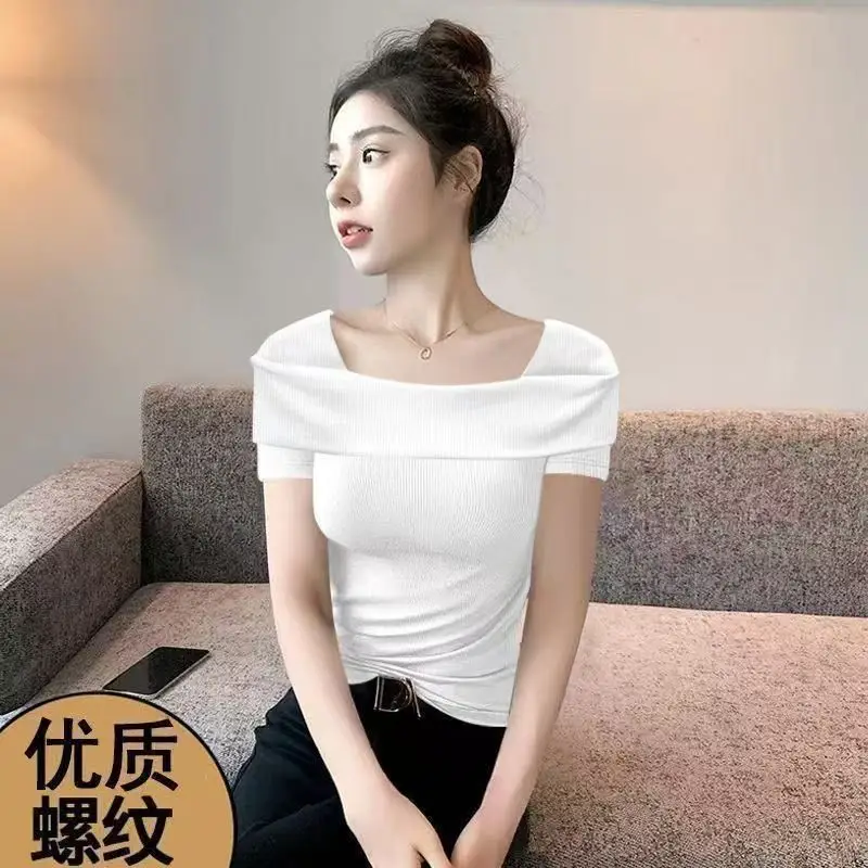 Off-The-Shoulder Short-Sleeve Women's T-Shirt That Reveals Collarbones, Summer 2026 New Style, Elegant Mature Style, Slim Fit Ribbed Short Top — feature 24
