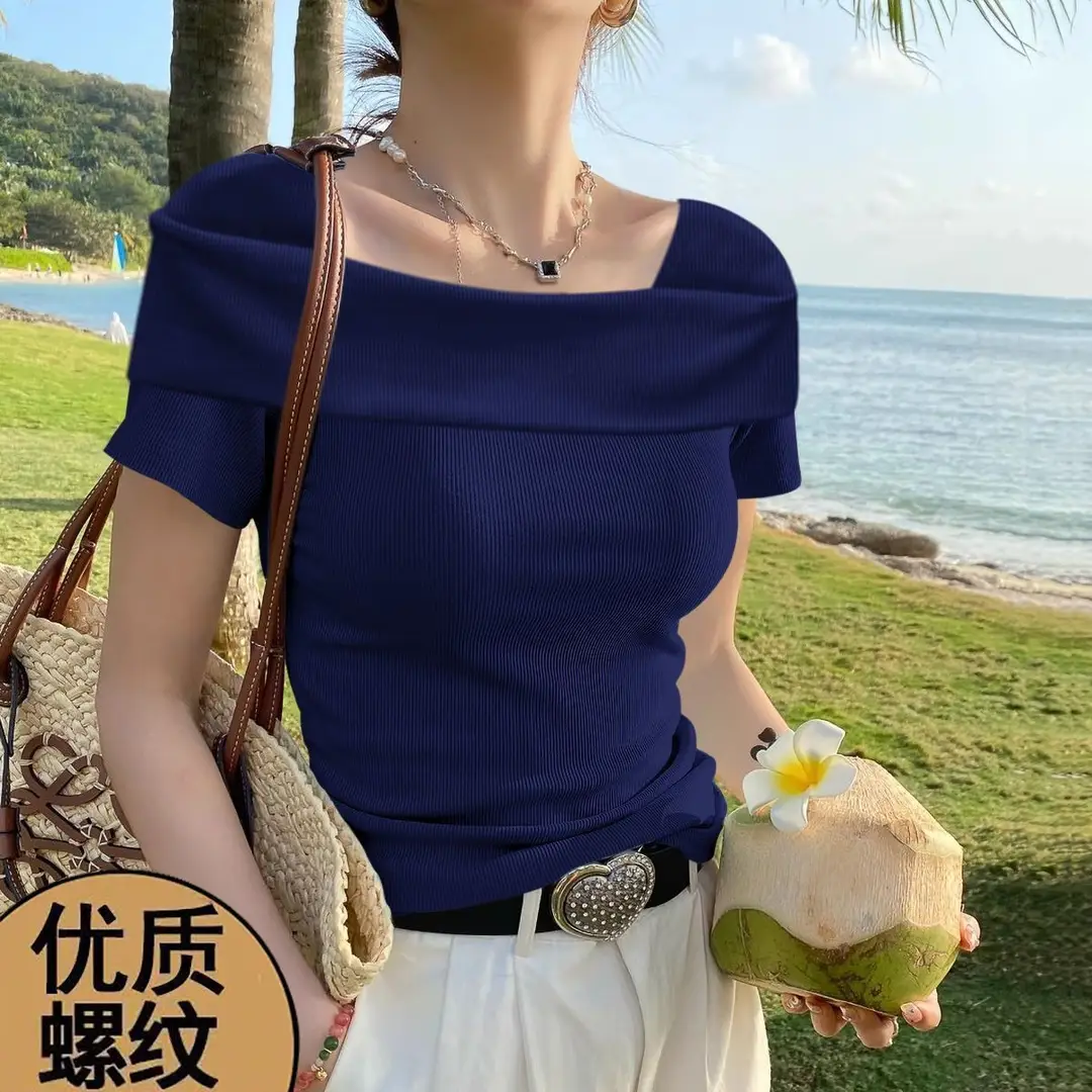 Off-The-Shoulder Short-Sleeve Women's T-Shirt That Reveals Collarbones, Summer 2026 New Style, Elegant Mature Style, Slim Fit Ribbed Short Top — feature 30