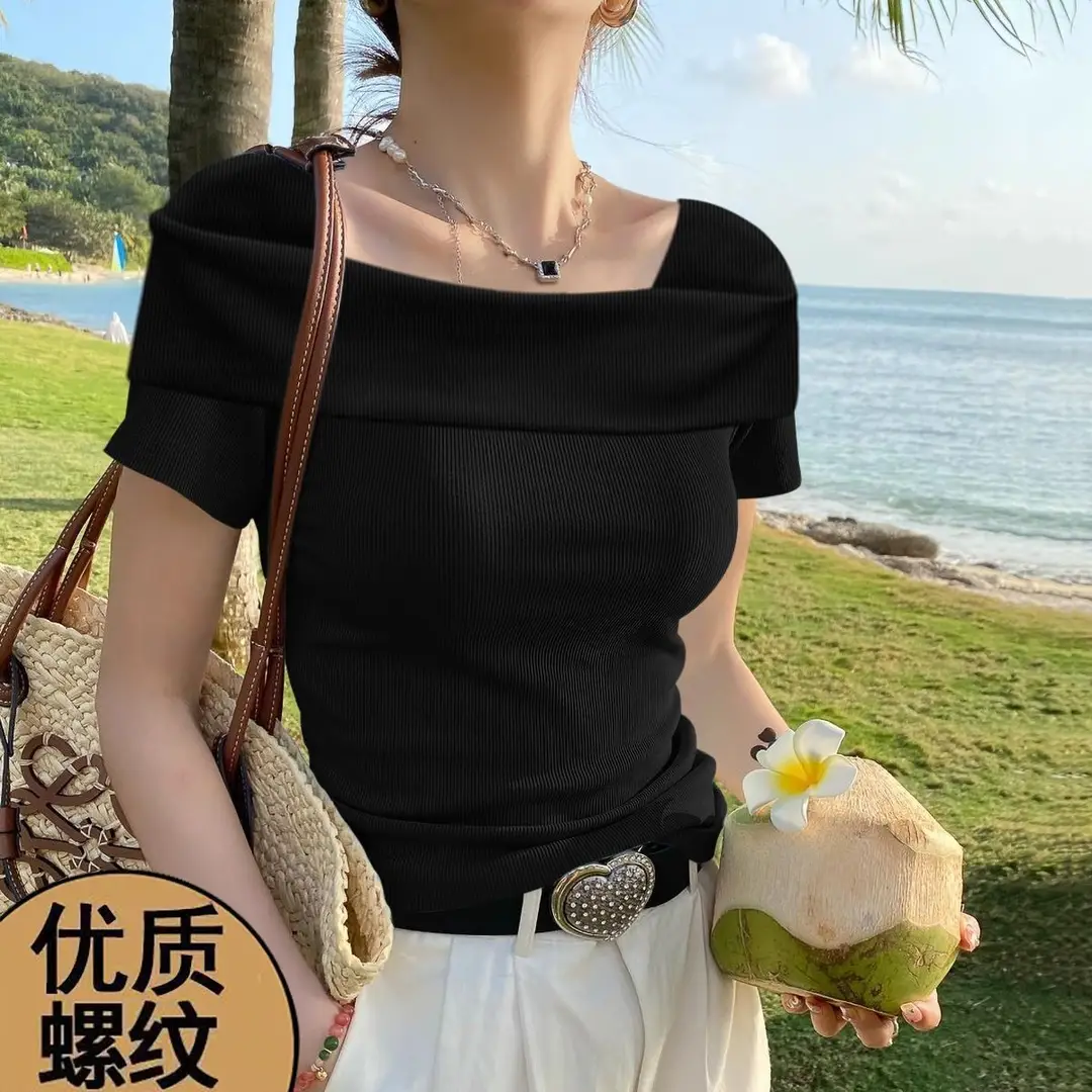 Off-The-Shoulder Short-Sleeve Women's T-Shirt That Reveals Collarbones, Summer 2026 New Style, Elegant Mature Style, Slim Fit Ribbed Short Top — feature 7