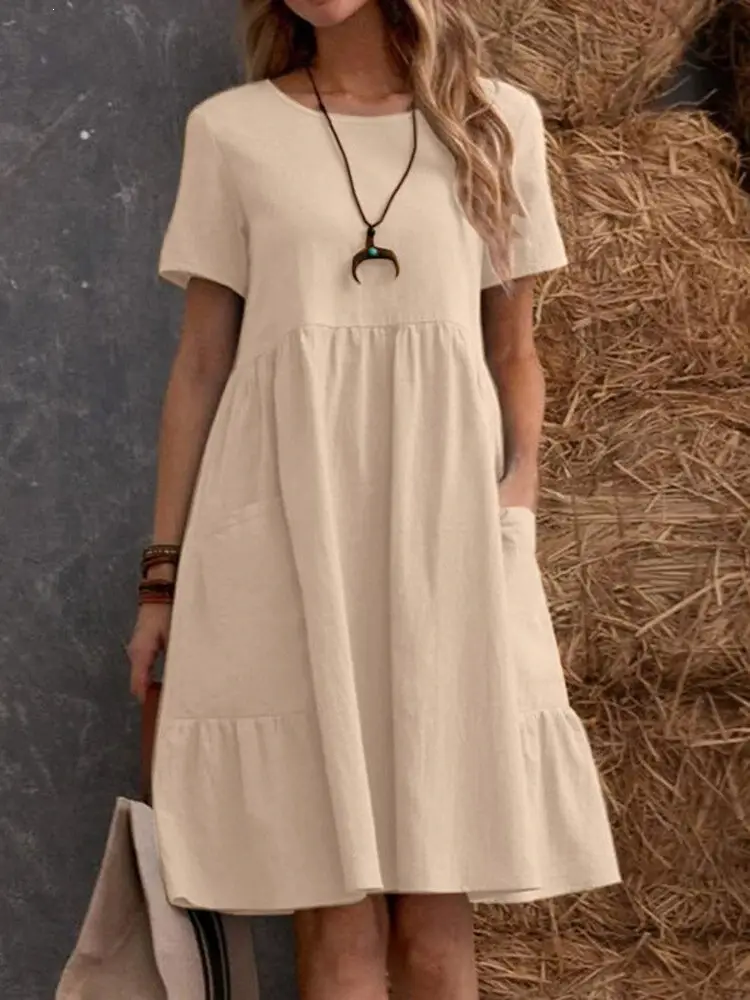 Summer European and American Cross-Border Temu Independent Site Vintage Loose Pocket Solid Color Round Neck Women's Cotton and Linen Dress
