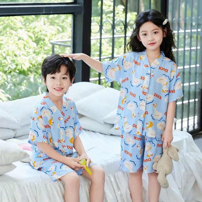Summer Thin Cotton Silk Pajamas for Children, Short-Sleeved Shorts, Home Clothes Set, Baby Boys and Girls, Kids' Air-Conditioned Clothing