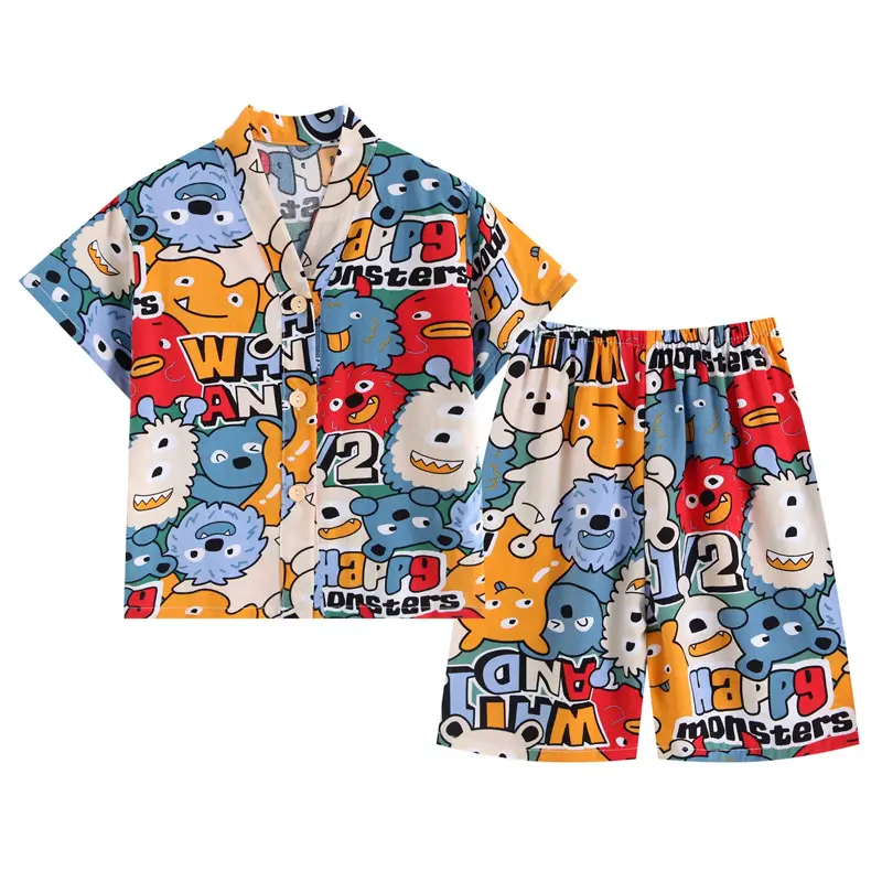 Summer Thin Cotton Silk Pajamas for Children, Short-Sleeved Shorts, Home Clothes Set, Baby Boys and Girls, Kids' Air-Conditioned Clothing