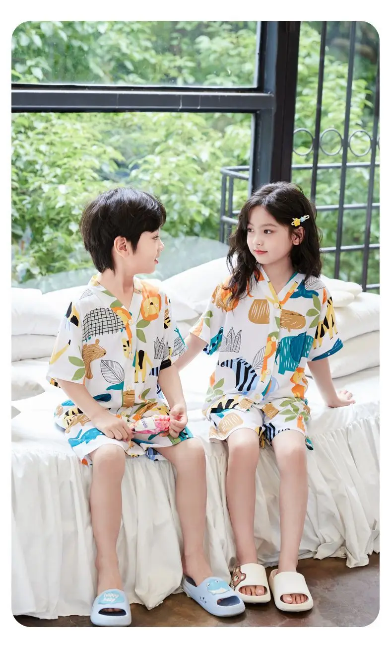 Summer Thin Cotton Silk Pajamas for Children, Short-Sleeved Shorts, Home Clothes Set, Baby Boys and Girls, Kids' Air-Conditioned Clothing — feature 10