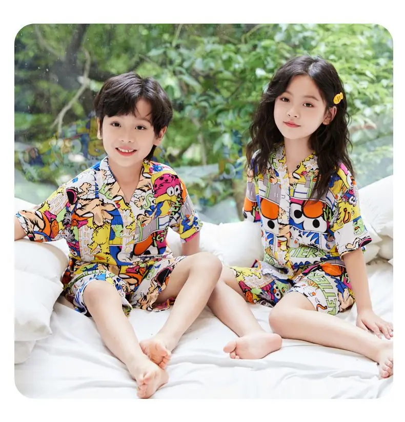 Summer Thin Cotton Silk Pajamas for Children, Short-Sleeved Shorts, Home Clothes Set, Baby Boys and Girls, Kids' Air-Conditioned Clothing — feature 11