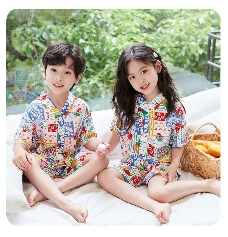 Summer Thin Cotton Silk Pajamas for Children, Short-Sleeved Shorts, Home Clothes Set, Baby Boys and Girls, Kids' Air-Conditioned Clothing — feature 12
