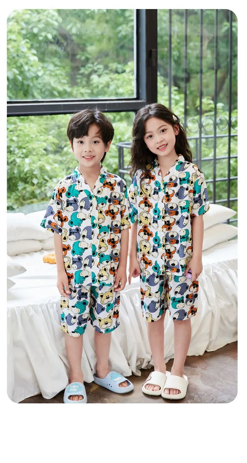 Summer Thin Cotton Silk Pajamas for Children, Short-Sleeved Shorts, Home Clothes Set, Baby Boys and Girls, Kids' Air-Conditioned Clothing — feature 13