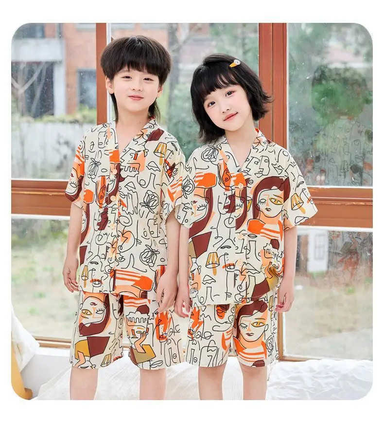 Summer Thin Cotton Silk Pajamas for Children, Short-Sleeved Shorts, Home Clothes Set, Baby Boys and Girls, Kids' Air-Conditioned Clothing — feature 14