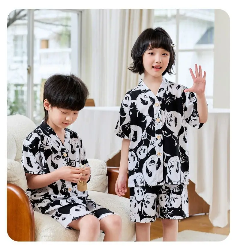 Summer Thin Cotton Silk Pajamas for Children, Short-Sleeved Shorts, Home Clothes Set, Baby Boys and Girls, Kids' Air-Conditioned Clothing — feature 15