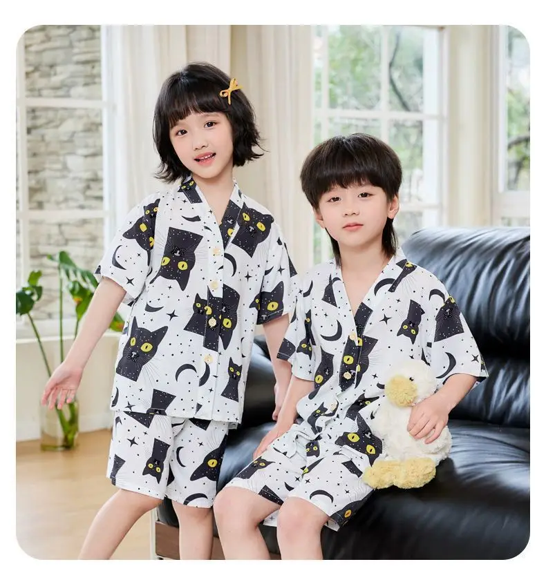 Summer Thin Cotton Silk Pajamas for Children, Short-Sleeved Shorts, Home Clothes Set, Baby Boys and Girls, Kids' Air-Conditioned Clothing — feature 17
