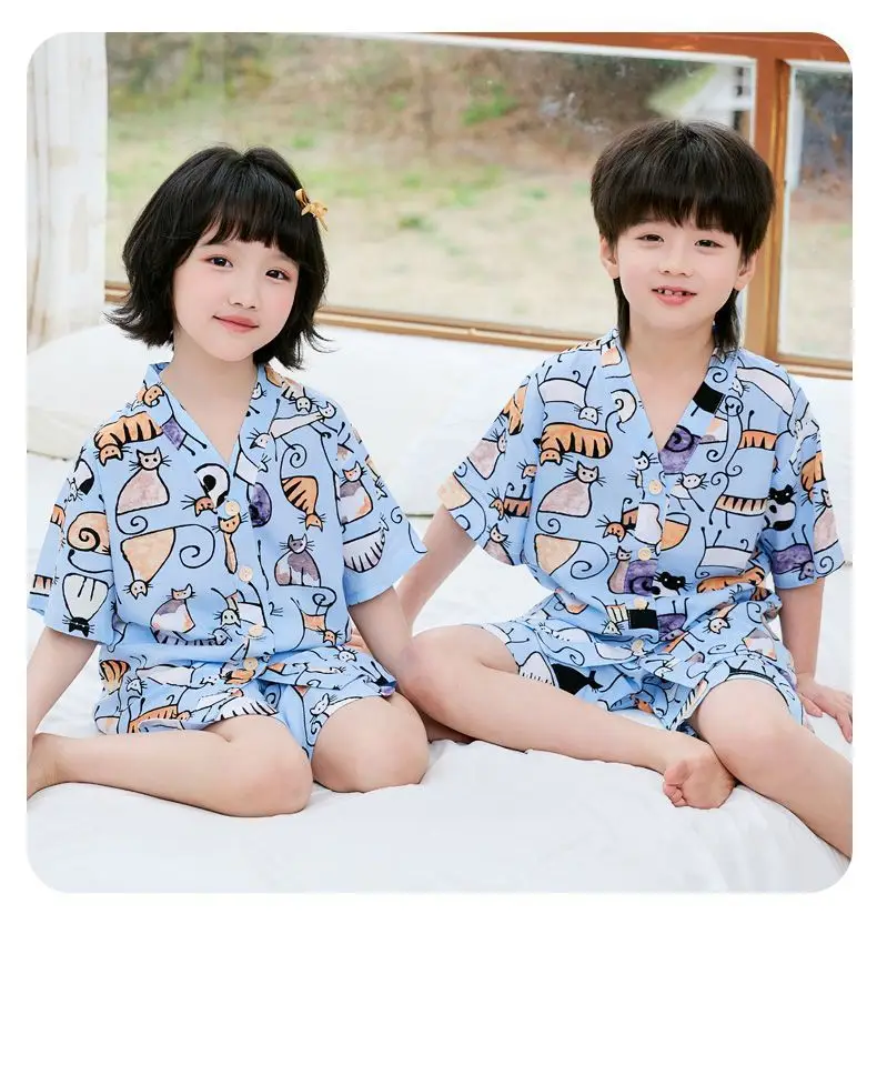 Summer Thin Cotton Silk Pajamas for Children, Short-Sleeved Shorts, Home Clothes Set, Baby Boys and Girls, Kids' Air-Conditioned Clothing — feature 18