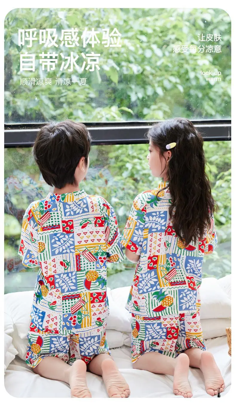 Summer Thin Cotton Silk Pajamas for Children, Short-Sleeved Shorts, Home Clothes Set, Baby Boys and Girls, Kids' Air-Conditioned Clothing — feature 5