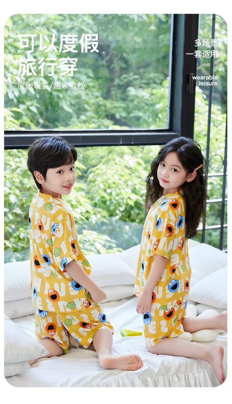 Summer Thin Cotton Silk Pajamas for Children, Short-Sleeved Shorts, Home Clothes Set, Baby Boys and Girls, Kids' Air-Conditioned Clothing — feature 6