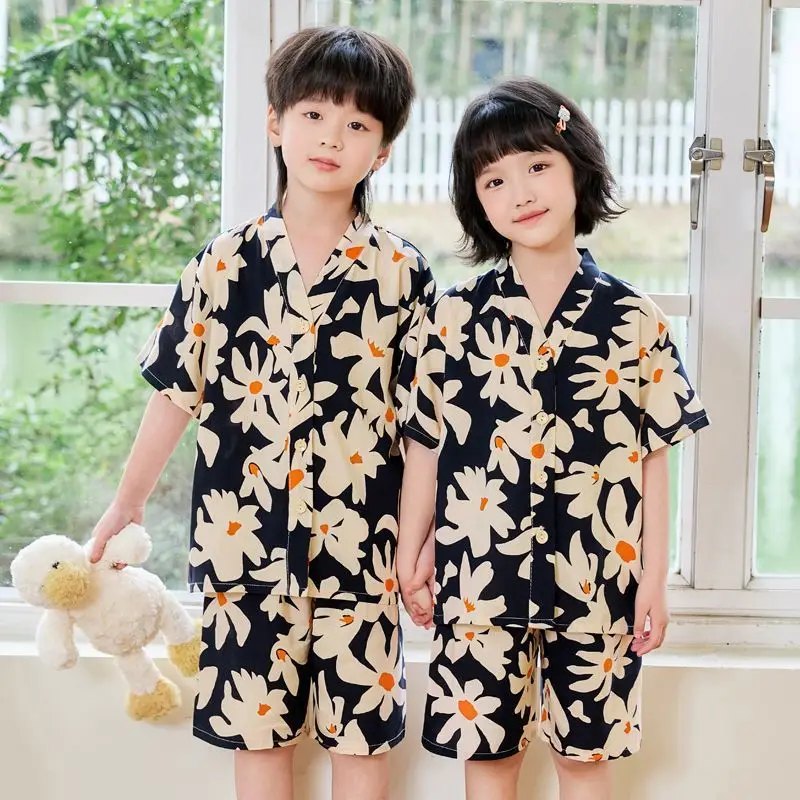 Summer Thin Cotton Silk Pajamas for Children, Short-Sleeved Shorts, Home Clothes Set, Baby Boys and Girls, Kids' Air-Conditioned Clothing