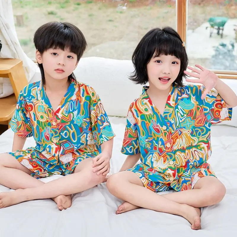 Summer Thin Cotton Silk Pajamas for Children, Short-Sleeved Shorts, Home Clothes Set, Baby Boys and Girls, Kids' Air-Conditioned Clothing