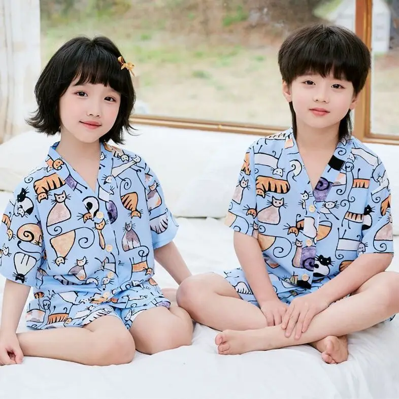 Summer Thin Cotton Silk Pajamas for Children, Short-Sleeved Shorts, Home Clothes Set, Baby Boys and Girls, Kids' Air-Conditioned Clothing