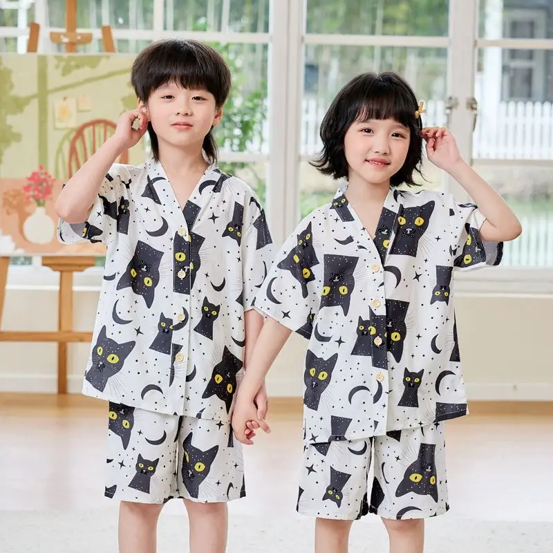 Summer Thin Cotton Silk Pajamas for Children, Short-Sleeved Shorts, Home Clothes Set, Baby Boys and Girls, Kids' Air-Conditioned Clothing
