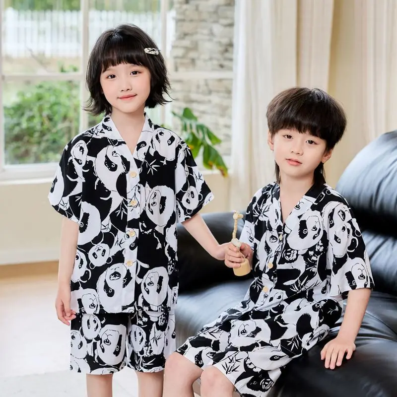 Summer Thin Cotton Silk Pajamas for Children, Short-Sleeved Shorts, Home Clothes Set, Baby Boys and Girls, Kids' Air-Conditioned Clothing