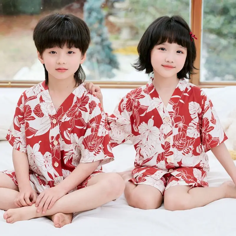 Summer Thin Cotton Silk Pajamas for Children, Short-Sleeved Shorts, Home Clothes Set, Baby Boys and Girls, Kids' Air-Conditioned Clothing