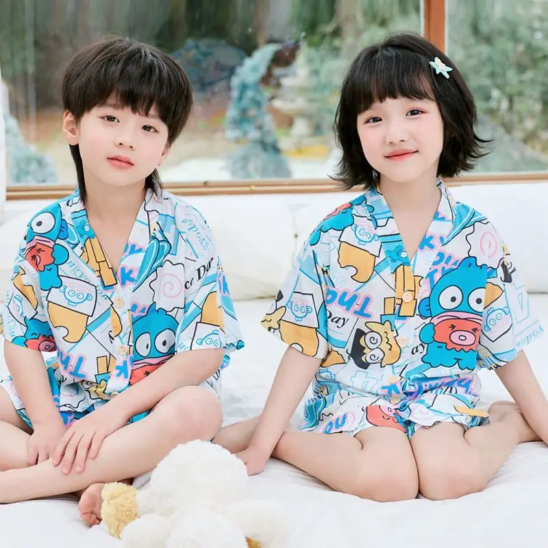 Summer Thin Cotton Silk Pajamas for Children, Short-Sleeved Shorts, Home Clothes Set, Baby Boys and Girls, Kids' Air-Conditioned Clothing
