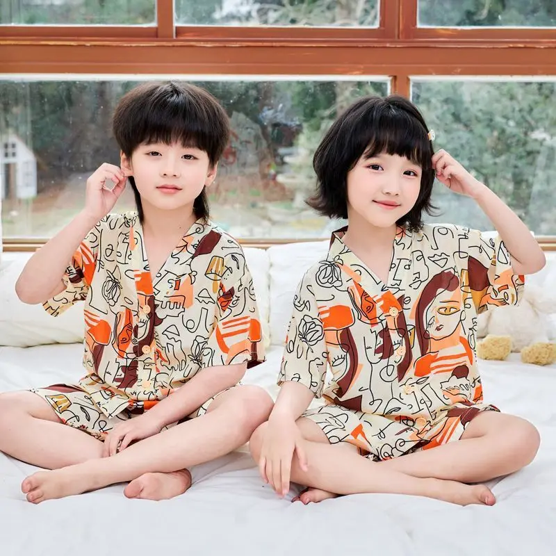 Summer Thin Cotton Silk Pajamas for Children, Short-Sleeved Shorts, Home Clothes Set, Baby Boys and Girls, Kids' Air-Conditioned Clothing