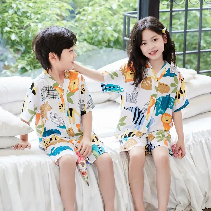Summer Thin Cotton Silk Pajamas for Children, Short-Sleeved Shorts, Home Clothes Set, Baby Boys and Girls, Kids' Air-Conditioned Clothing