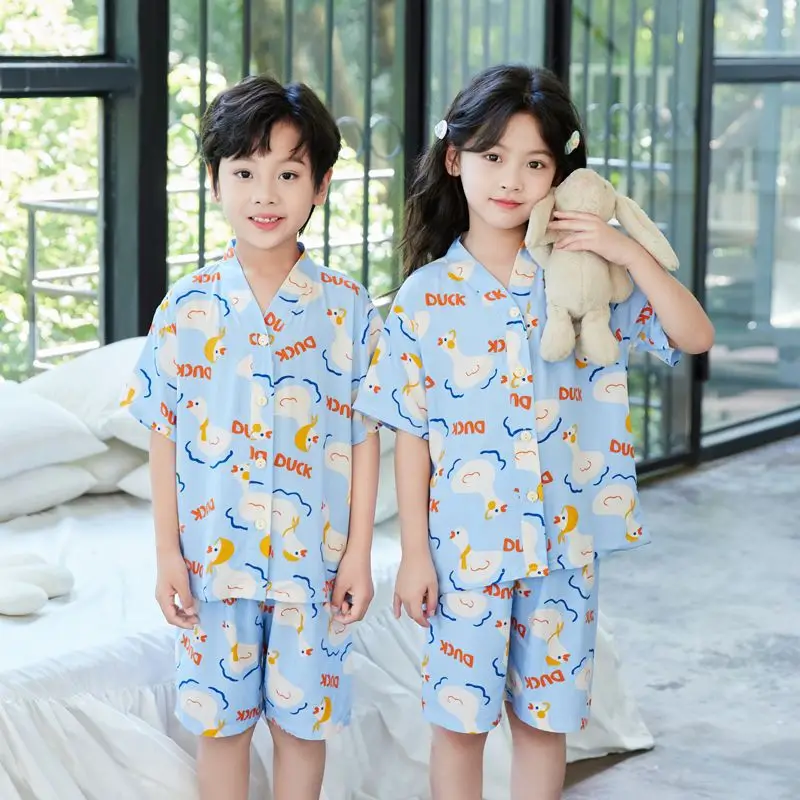Summer Thin Cotton Silk Pajamas for Children, Short-Sleeved Shorts, Home Clothes Set, Baby Boys and Girls, Kids' Air-Conditioned Clothing