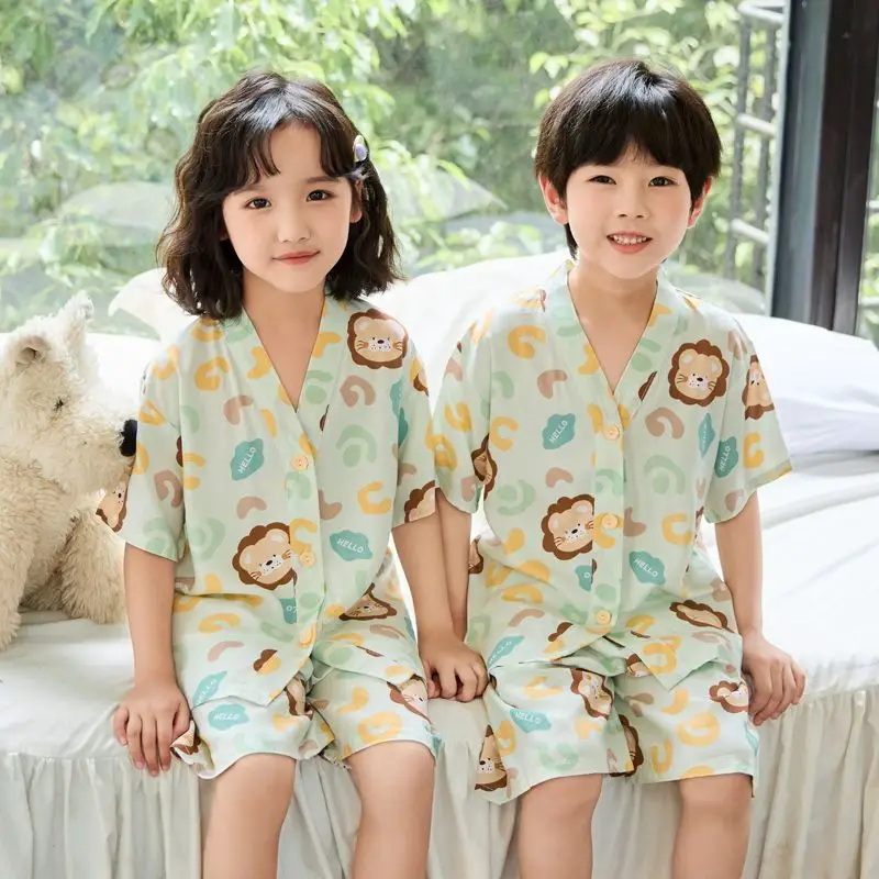 Summer Thin Cotton Silk Pajamas for Children, Short-Sleeved Shorts, Home Clothes Set, Baby Boys and Girls, Kids' Air-Conditioned Clothing