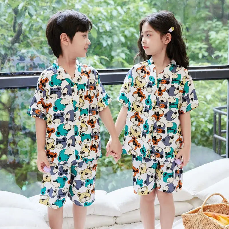 Summer Thin Cotton Silk Pajamas for Children, Short-Sleeved Shorts, Home Clothes Set, Baby Boys and Girls, Kids' Air-Conditioned Clothing