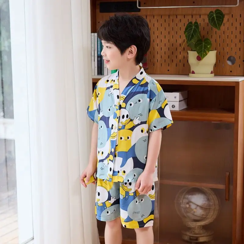 Summer Thin Cotton Silk Pajamas for Children, Short-Sleeved Shorts, Home Clothes Set, Baby Boys and Girls, Kids' Air-Conditioned Clothing