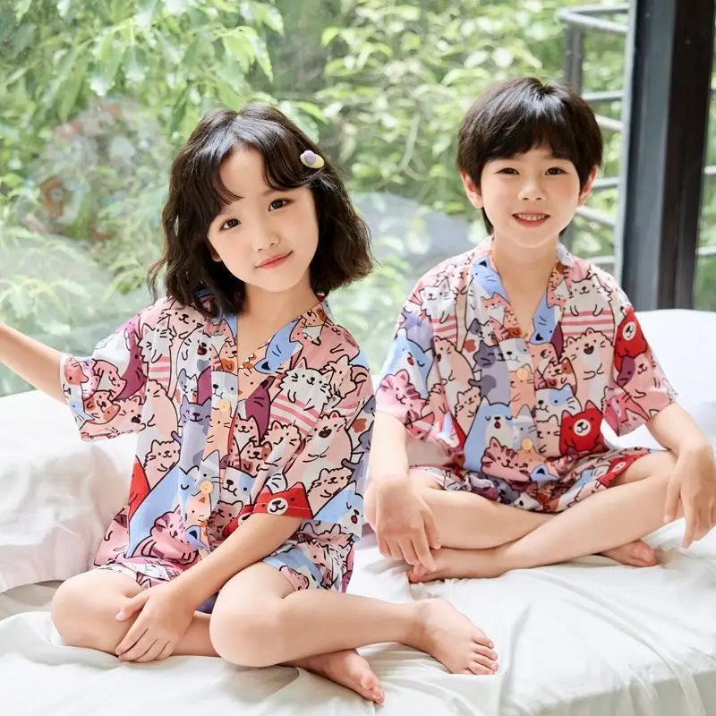 Summer Thin Cotton Silk Pajamas for Children, Short-Sleeved Shorts, Home Clothes Set, Baby Boys and Girls, Kids' Air-Conditioned Clothing