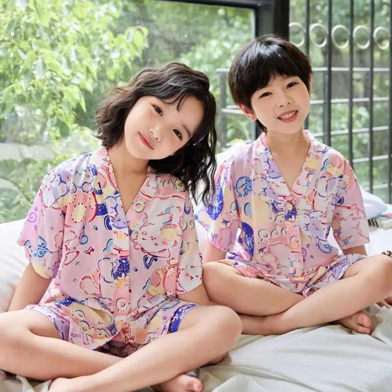 Summer Thin Cotton Silk Pajamas for Children, Short-Sleeved Shorts, Home Clothes Set, Baby Boys and Girls, Kids' Air-Conditioned Clothing