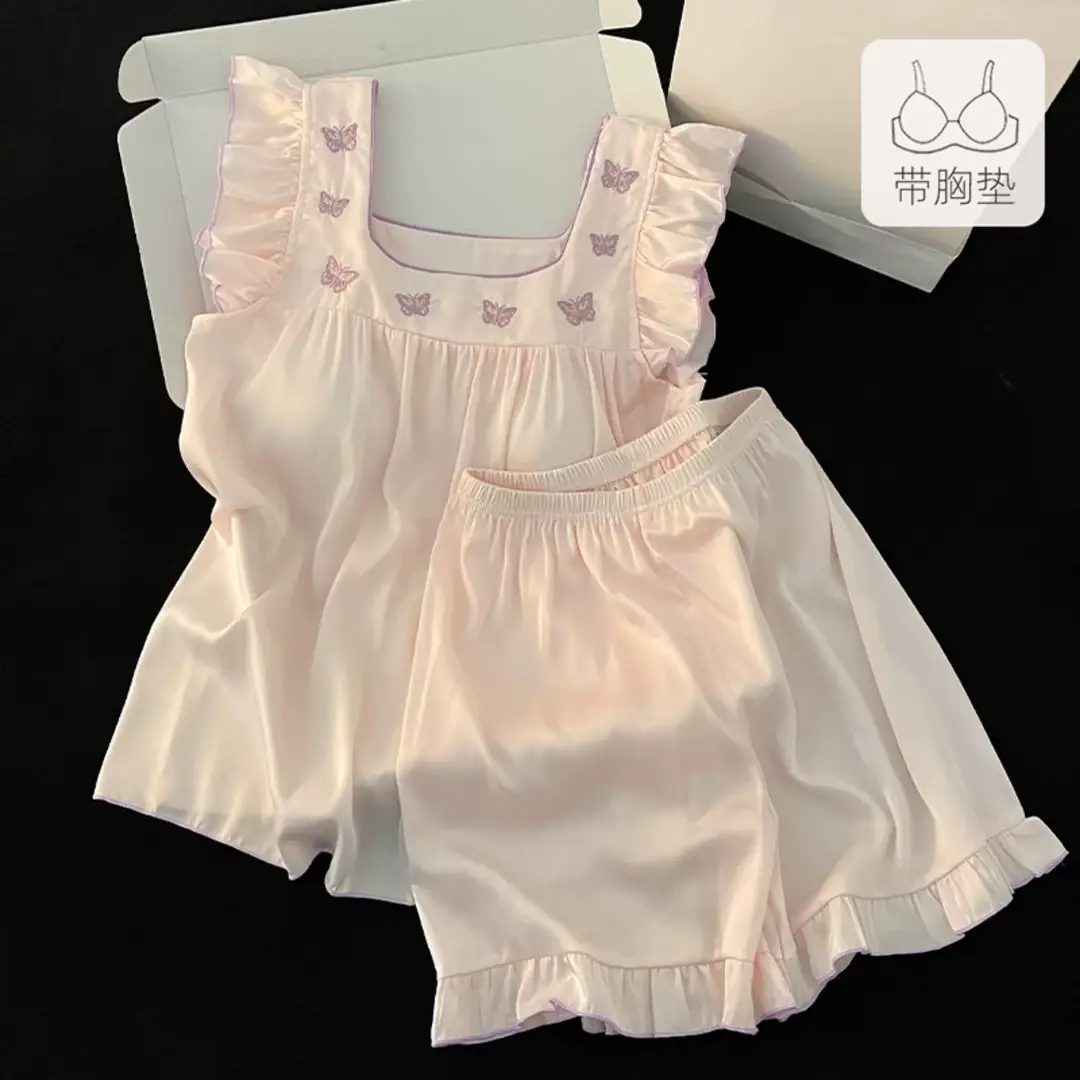 Ice Silk Camisole Pajamas for Women 2026 New Summer Style with Chest Pads, Sweet and Wearable as Outerwear, Home Wear Set — feature 7