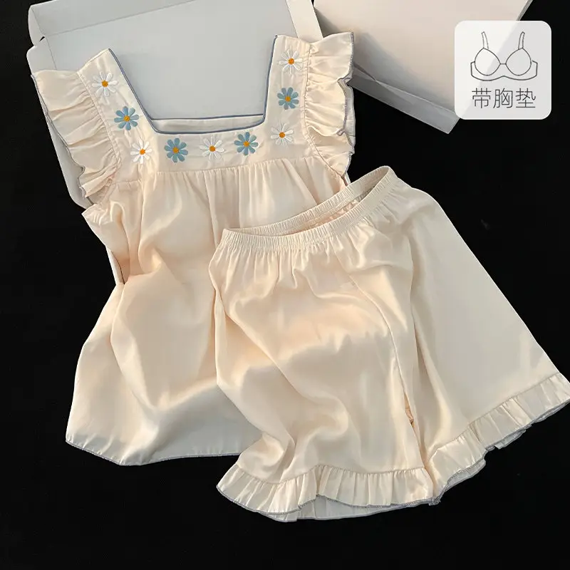 Ice Silk Camisole Pajamas for Women 2026 New Summer Style with Chest Pads, Sweet and Wearable as Outerwear, Home Wear Set