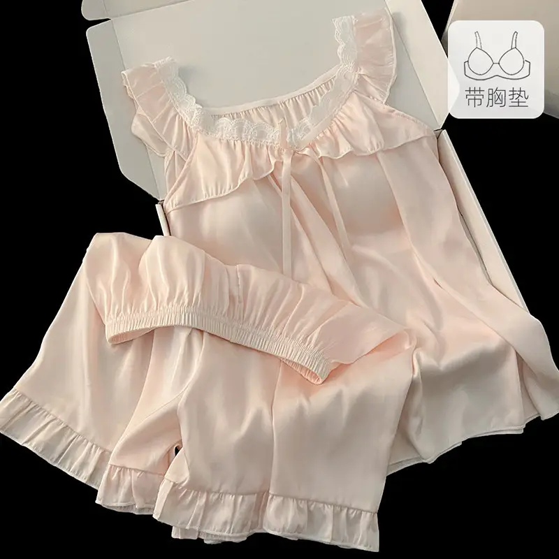 Ice Silk Camisole Pajamas for Women 2026 New Summer Style with Chest Pads, Sweet and Wearable as Outerwear, Home Wear Set