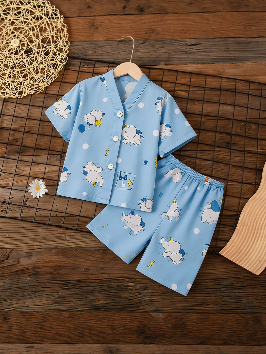 Summer Children's Short-Sleeve Shorts Pajamas Cotton Silk Boys' and Girls' Set Cotton Silk Baby Air-Conditioned Home Wear Thin Style