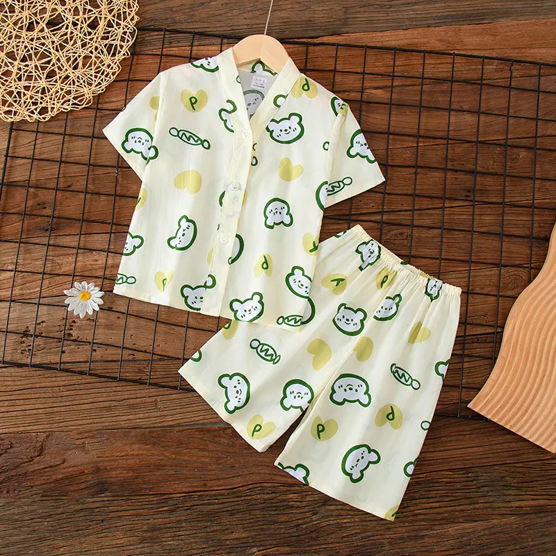 Summer Children's Short-Sleeve Shorts Pajamas Cotton Silk Boys' and Girls' Set Cotton Silk Baby Air-Conditioned Home Wear Thin Style