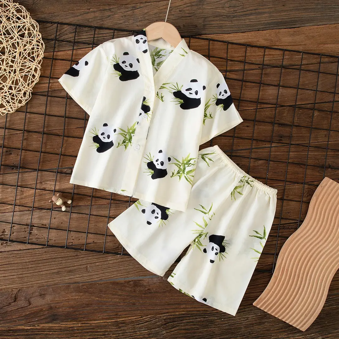 Summer Children's Short-Sleeve Shorts Pajamas Cotton Silk Boys' and Girls' Set Cotton Silk Baby Air-Conditioned Home Wear Thin Style