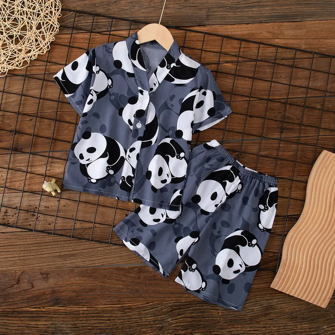 Summer Children's Short-Sleeve Shorts Pajamas Cotton Silk Boys' and Girls' Set Cotton Silk Baby Air-Conditioned Home Wear Thin Style