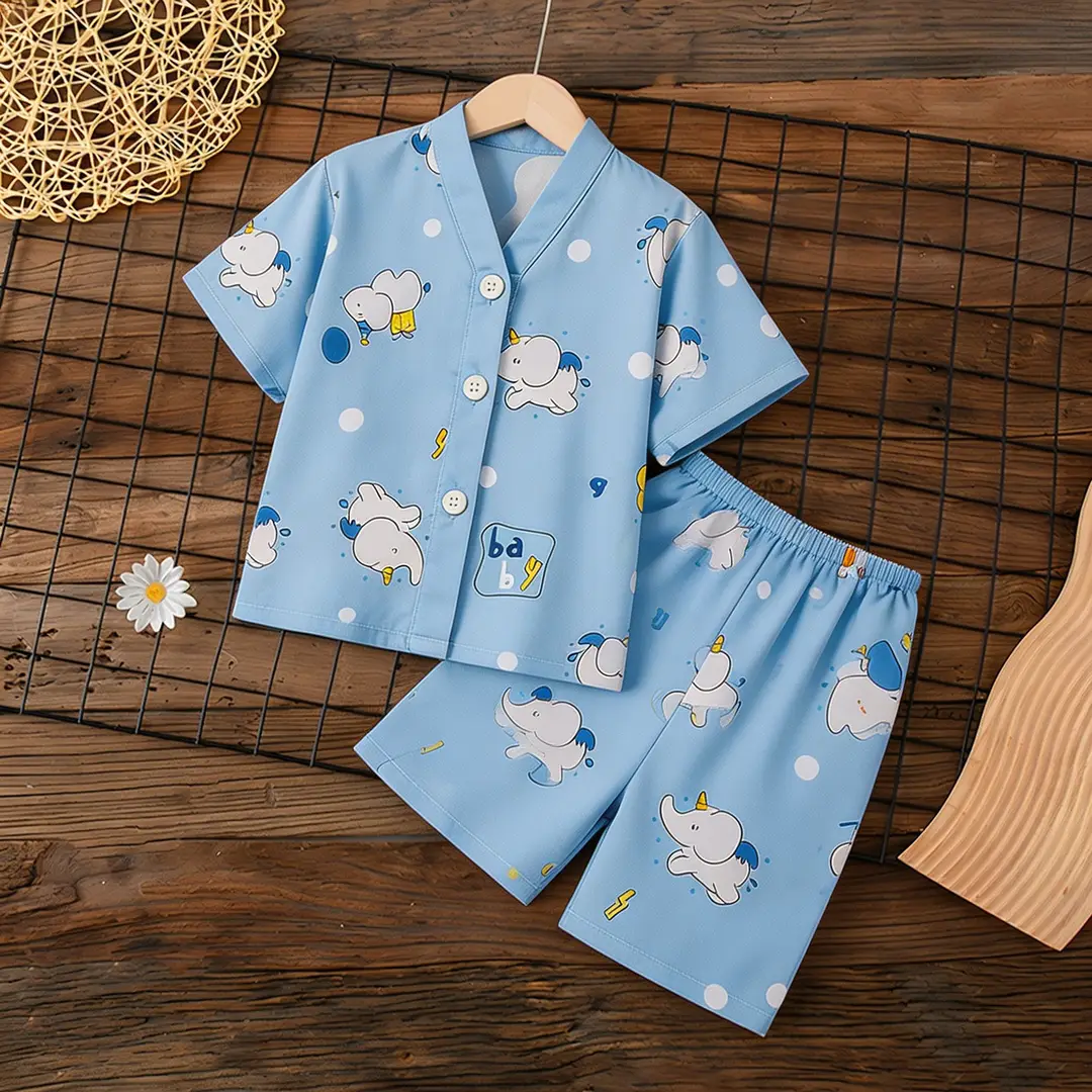 Summer Children's Short-Sleeve Shorts Pajamas Cotton Silk Boys' and Girls' Set Cotton Silk Baby Air-Conditioned Home Wear Thin Style